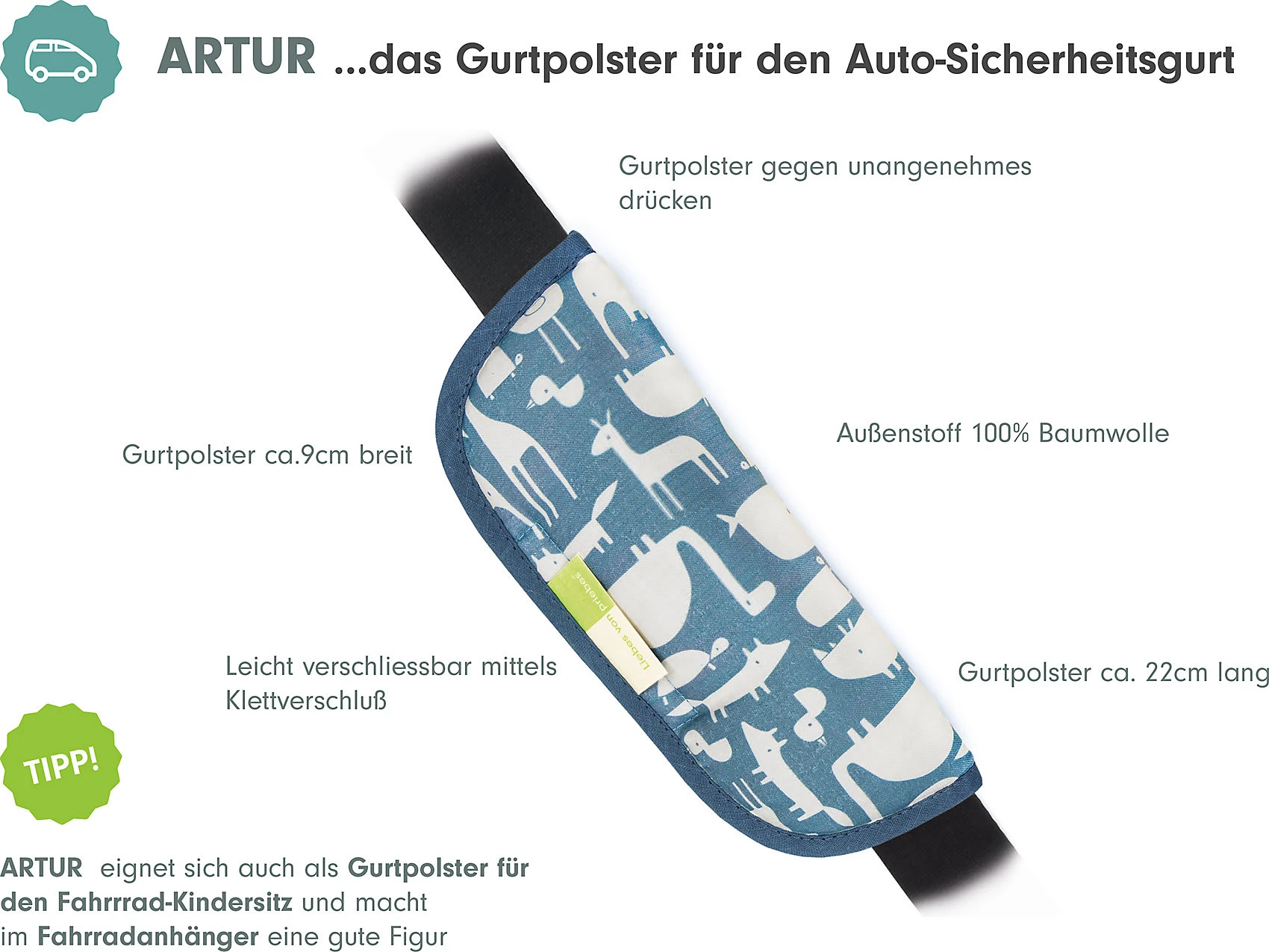 Liebes Von Priebes ARTUR Gurtpolster Für Autogurte - Animali, Blau 2 Liebes Von Priebes ARTUR Gurtpolster Für Autogurte - Animali, Blau – Bild 2
